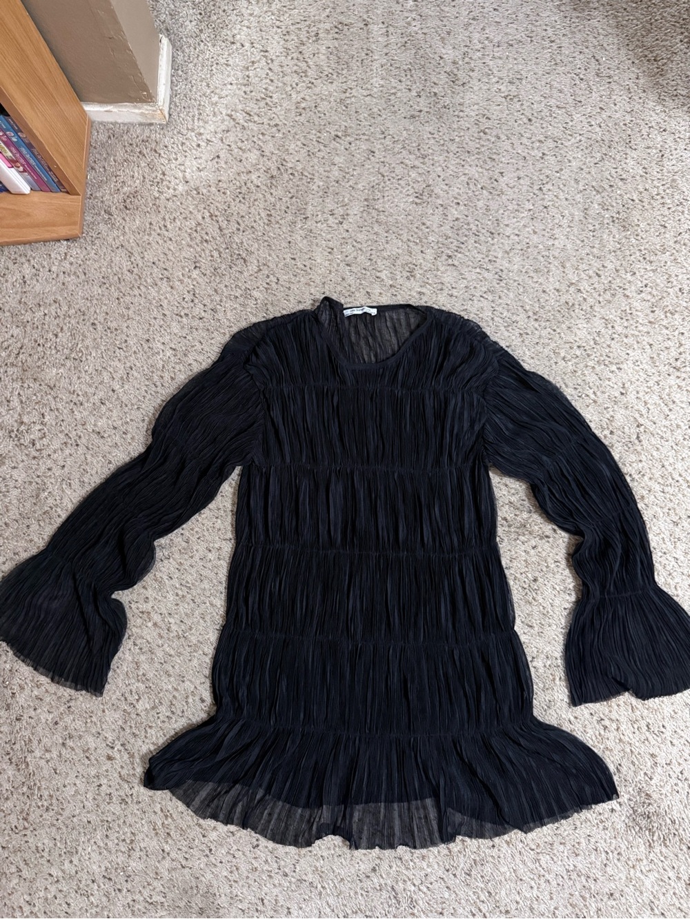 Zara Trafaluc Black Pleated Sheer Micro-Plisse Long Sleeve Mini Dress